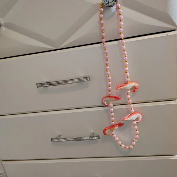 Crawfish Mardi Gras Beads Faux Pink Pearl Shrimp Nautical Necklace - Picture 7 of 7